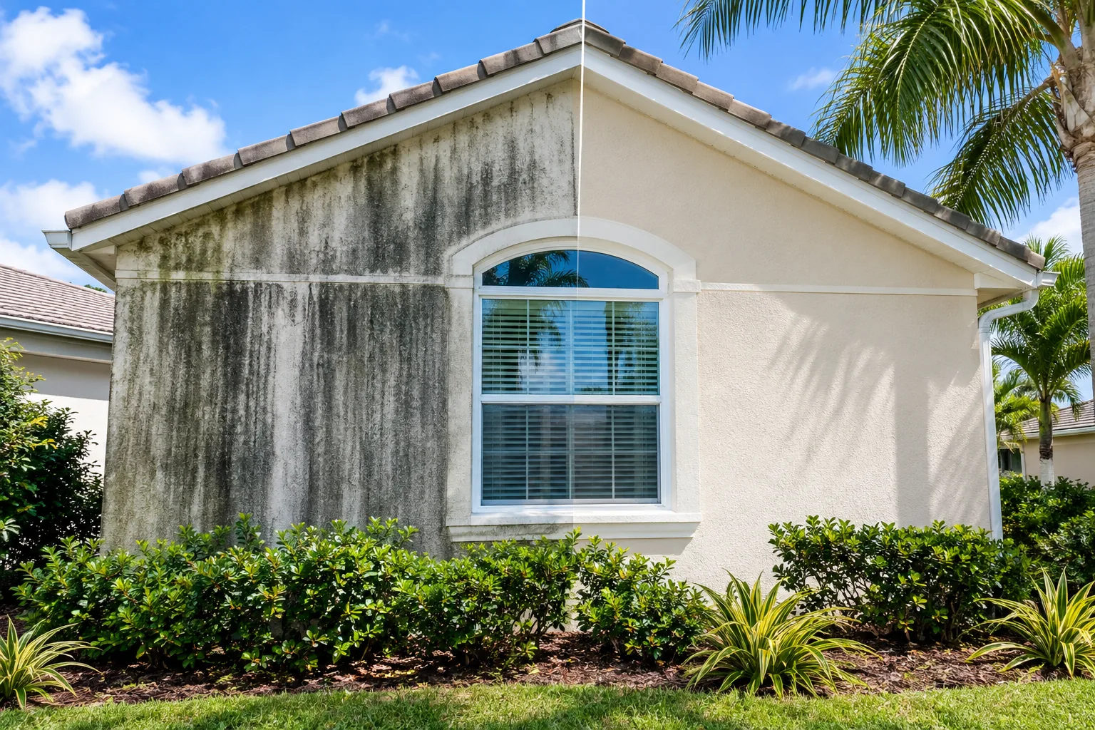 Florida stucco home with black streaks and algae buildup on one side and a clean exterior after soft washing on the other side.