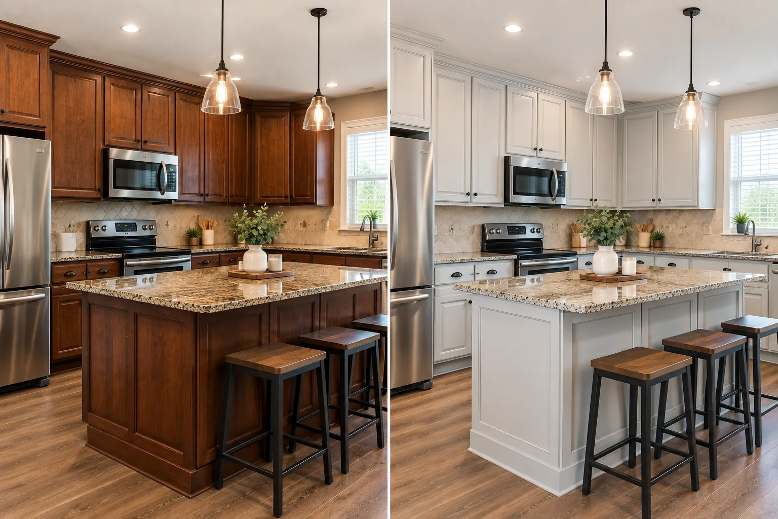 Before-and-after kitchen cabinet painting transformation showing dark wood cabinets updated to a light, modern finish in a Florida home.