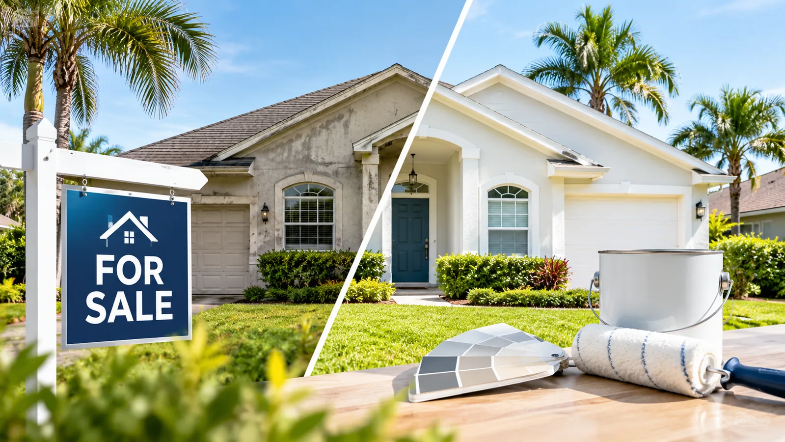 Florida home with weathered exterior paint compared with a freshly painted exterior, illustrating whether homeowners should paint before selling.