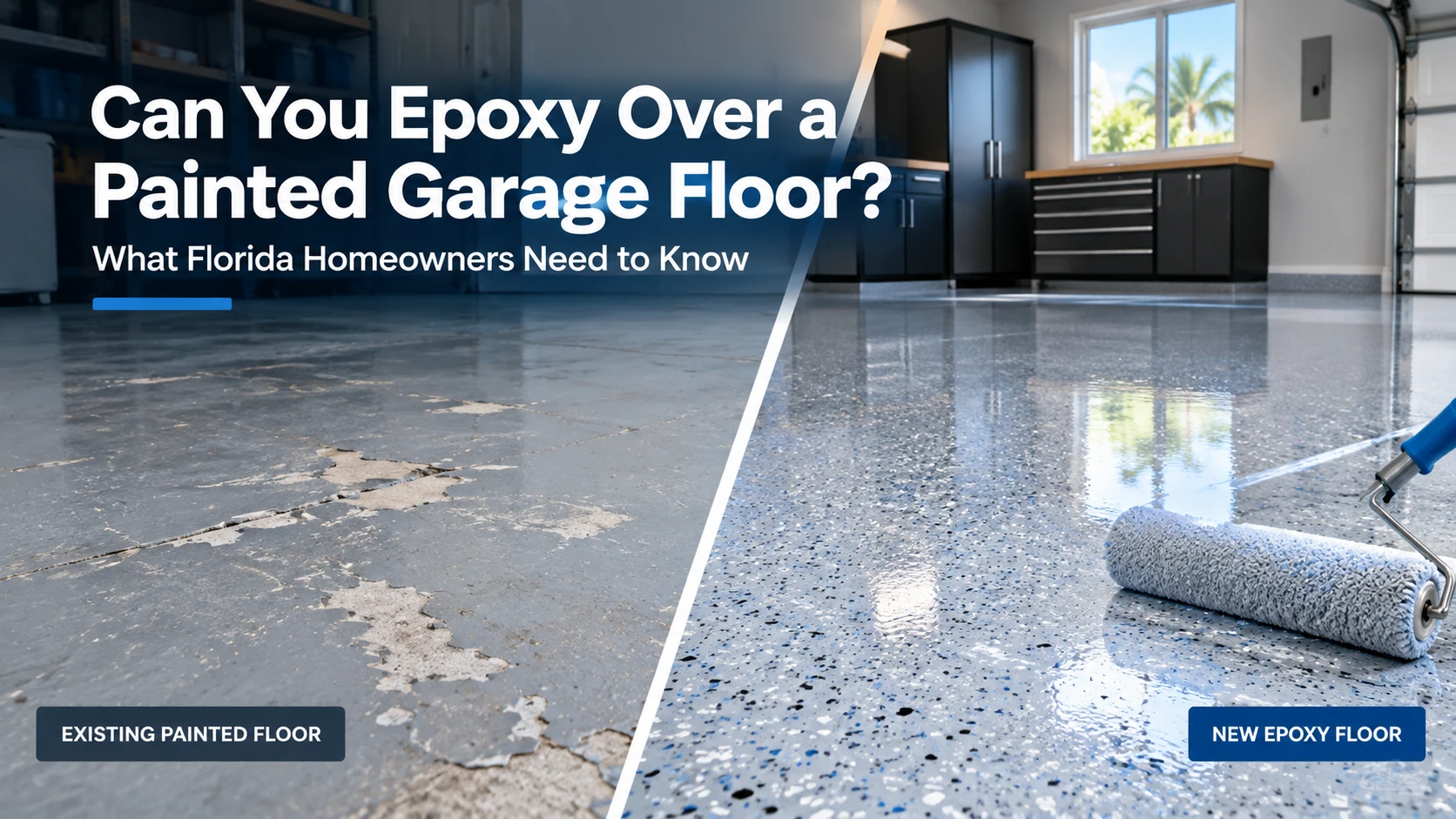 Florida garage floor showing a worn painted concrete surface compared with a newly installed decorative epoxy floor.
