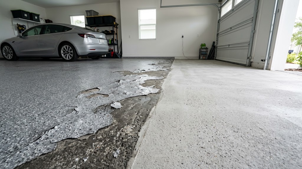 Peeling and bubbling epoxy garage floor undergoing mechanical concrete surface preparation in a residential garage.